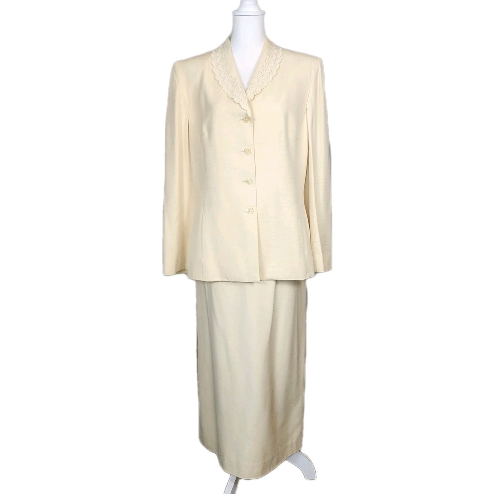 Preston & York Silk Blend 2pc Suit Set Womens 12 Jacket Midi‎ Skirt Yellow VTG